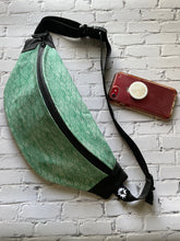 Load image into Gallery viewer, Japanese Seigaiha Block Print Style Waxed Canvas Sling Bag for Women or Men | Bum Bag | Hip Bag | Cross Body | Fanny Pack Vintage Jade Green

