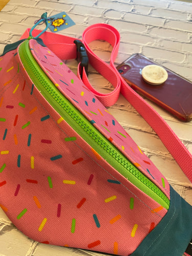 Donut Sprinkles Waxed Canvas Sling Bag | Fanny Pack with Pockets | Roller Skate Sport Bag | Plus Size Belts back | Hot Pink Doughnut Print