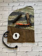 Load image into Gallery viewer, EDC Tool Roll | Waxed Canvas Pouch |Every Day Carry Gear Bag | Pocket Organizer | Knife Roll | Pocket Dump Display Hank | Vietnam Tiger Camo
