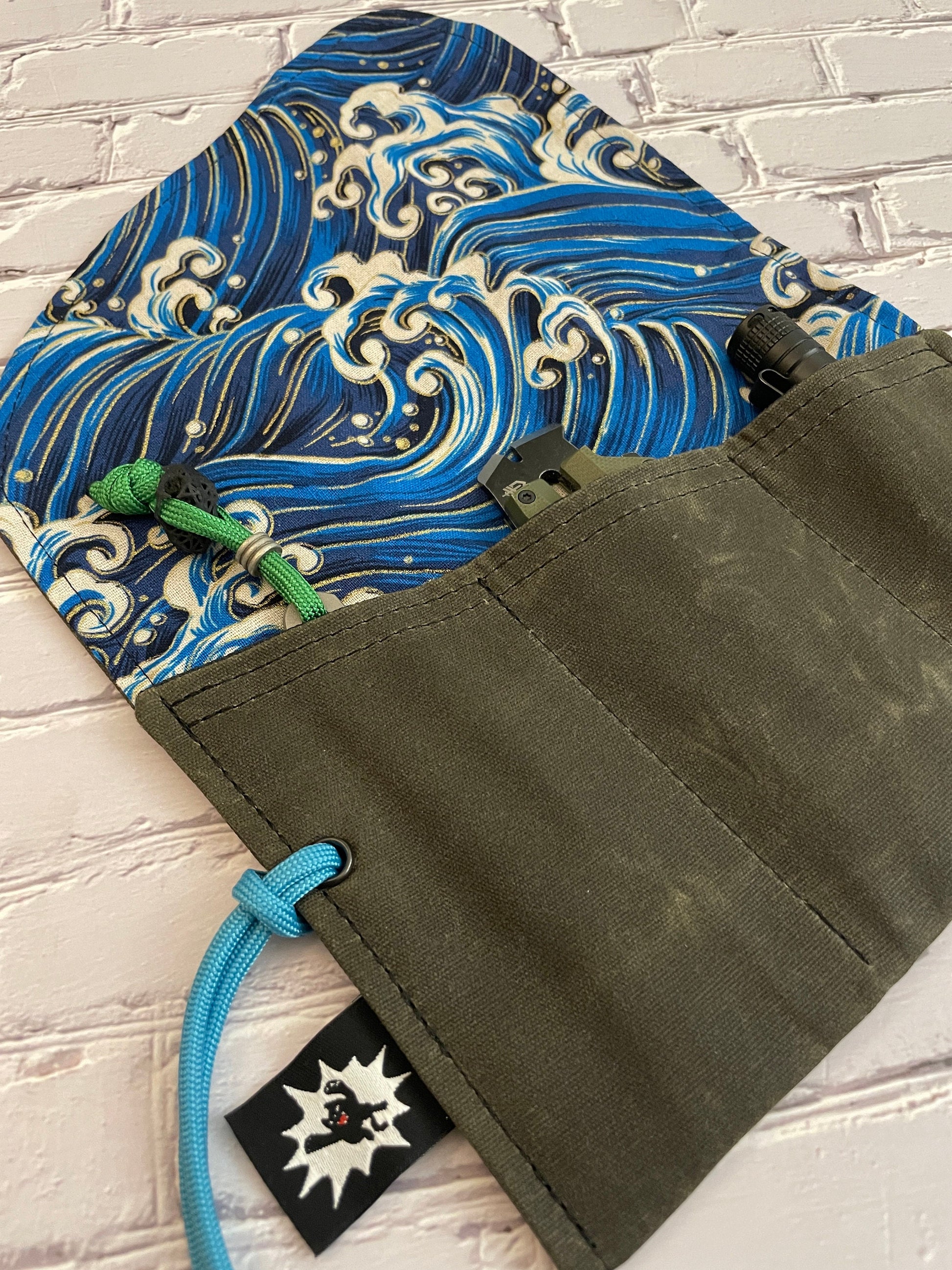 EDC Tool Roll | Waxed Canvas Tool Pouch | Every Day Carry Gear Bag | Pocket Organizer | EDC Knife Roll | Pocket Dump Display Hank | Wave OD