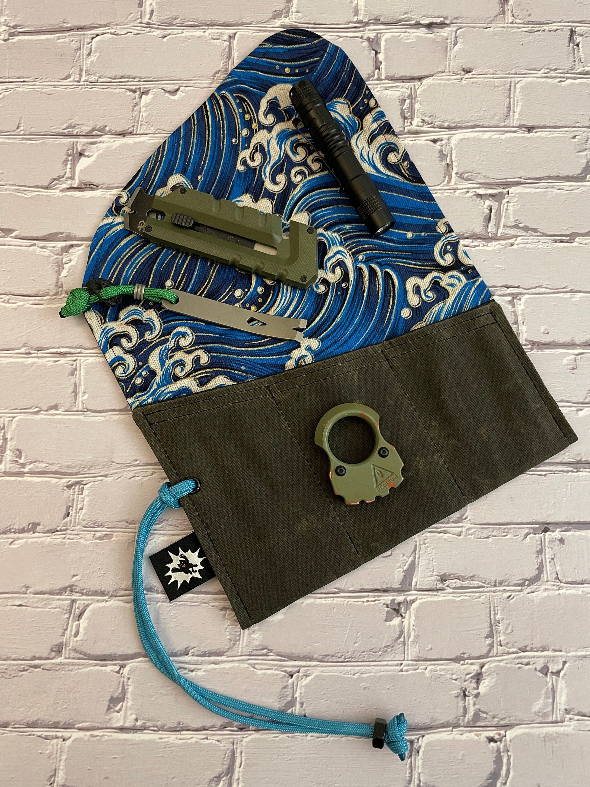 EDC Tool Roll | Waxed Canvas Tool Pouch | Every Day Carry Gear Bag | Pocket Organizer | EDC Knife Roll | Pocket Dump Display Hank | Wave OD